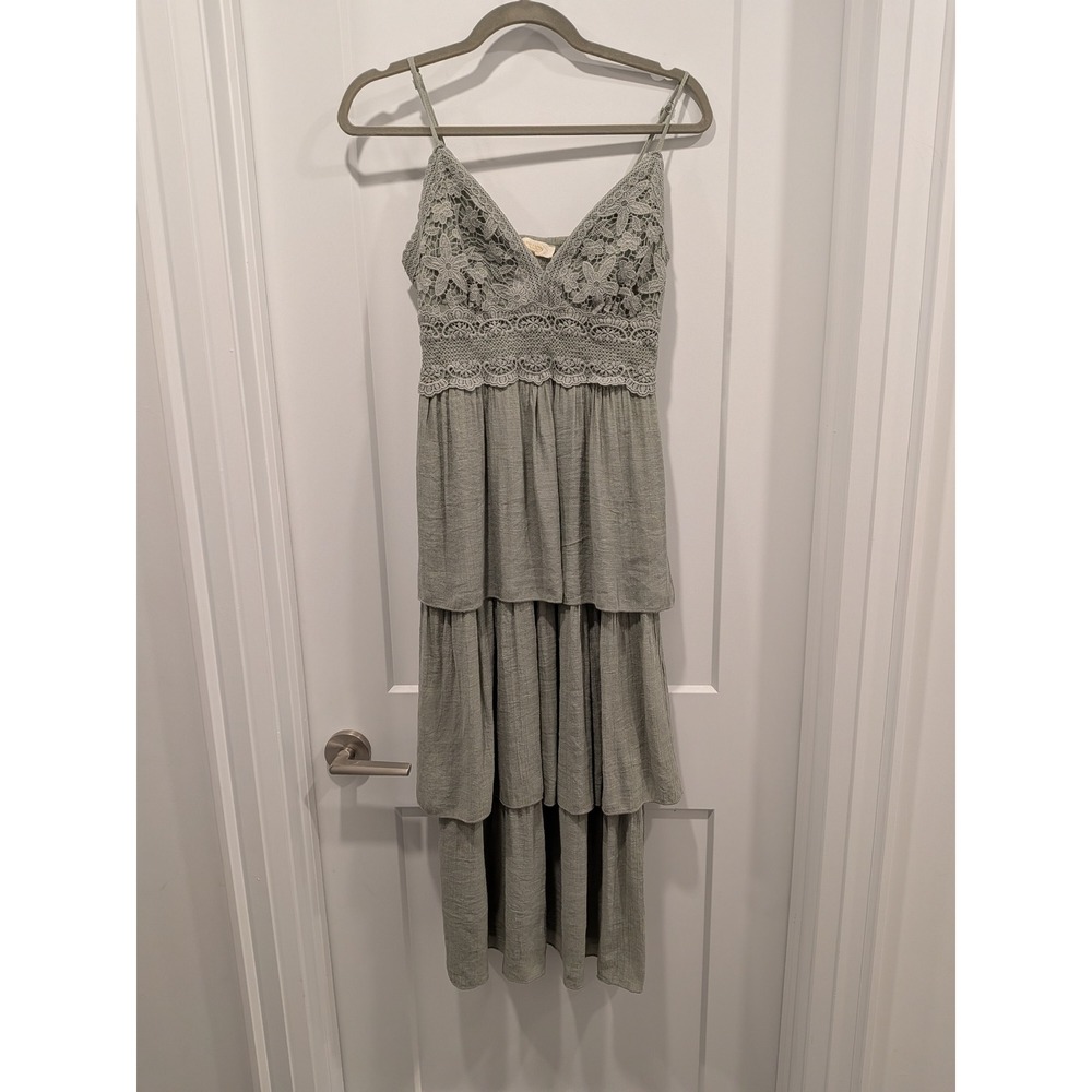 Rebellion Again Sage Green Crochet Lace Tiered Maxi Dress M